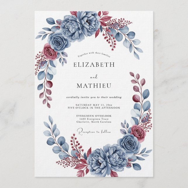 Slate Blue Botanical Flourish Wedding Invitation (Front)