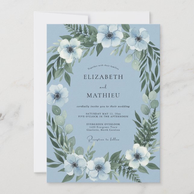 Slate Blue Botanical Watercolor Wedding Invitation (Front)