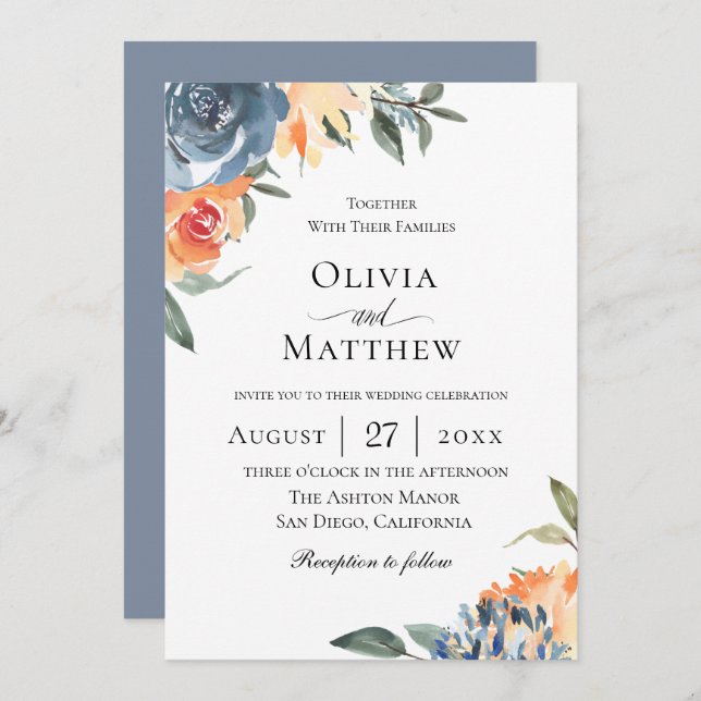 Slate Blue Botanical Wedding Invitation (Front/Back)
