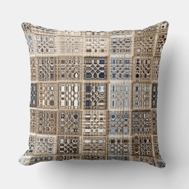Slate Blue Brown Sari Mosaic Pattern Art Cushion (Front)