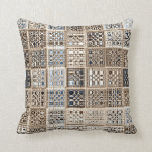 Slate Blue Brown Sari Mosaic Pattern Art Cushion