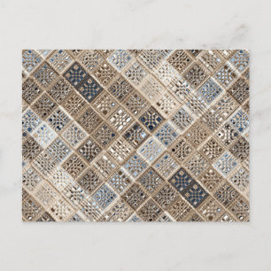 Slate Blue Brown Sari Mosaic Pattern Art Postcard