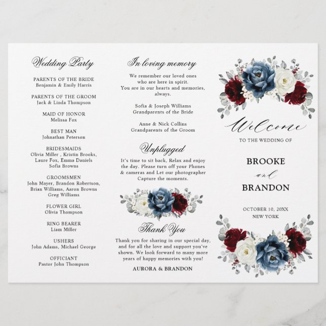 Slate Blue Burgundy Boho Wedding Tri-Fold Program  (Front)