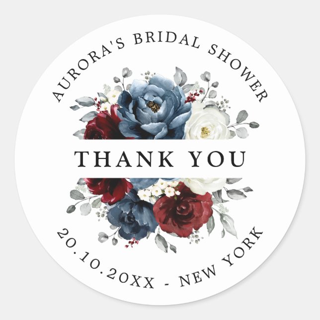 Slate Blue Burgundy White  Bridal Shower Thank you Classic Round Sticker (Front)