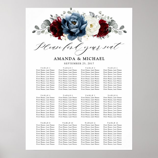 Slate Blue Burgundy White Ivory Boho Seating Chart (Front)