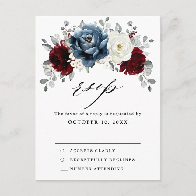 Slate Blue Burgundy White Ivory Boho Wedding RSVP Postcard (Front)