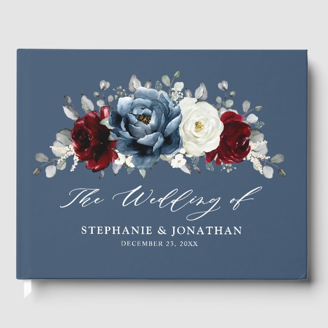 Slate Blue Burgundy White Ivory Floral Wedding  Gu Guest Book (Front)
