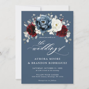 Slate Blue Burgundy White Ivory Floral Wedding  In Invitation