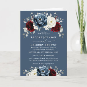 Slate Blue Burgundy White Ivory Floral Wedding  In Invitation