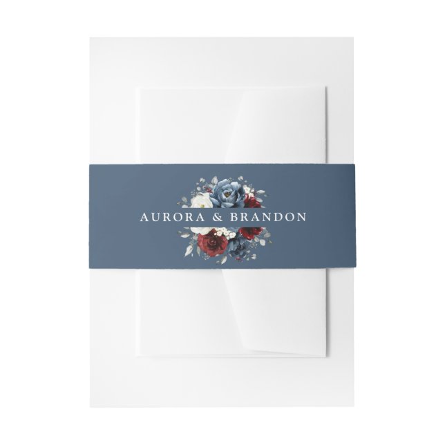Slate Blue Burgundy White Ivory Floral Wedding  In Invitation Belly Band (Front Example)