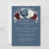 Slate Blue Burgundy White Ivory Floral Wedding Inv