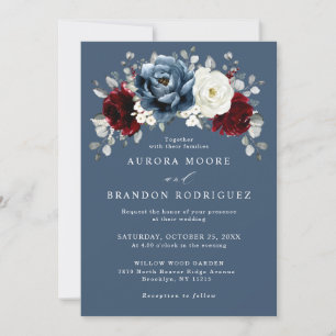 Slate Blue Burgundy White Ivory Floral Wedding Inv Invitation