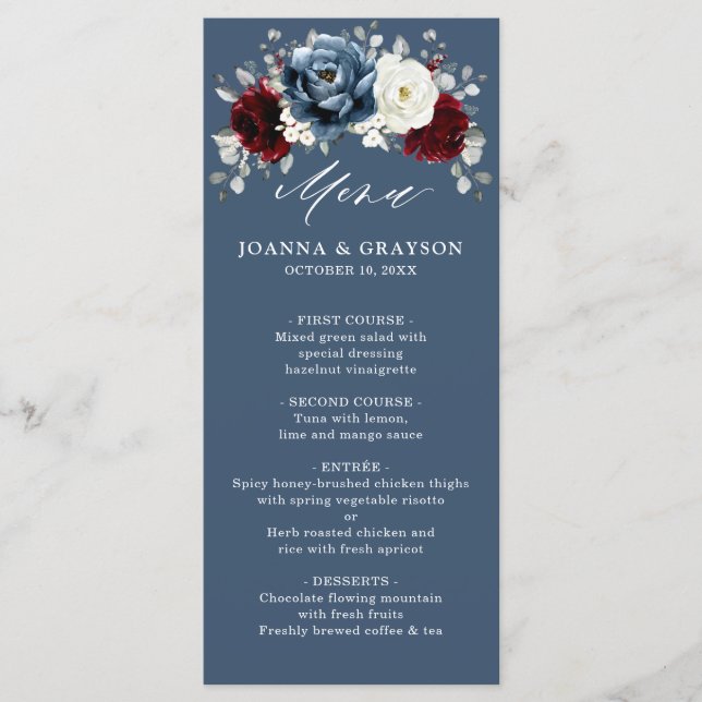 Slate Blue Burgundy White Ivory Floral Wedding  Me Menu (Front)