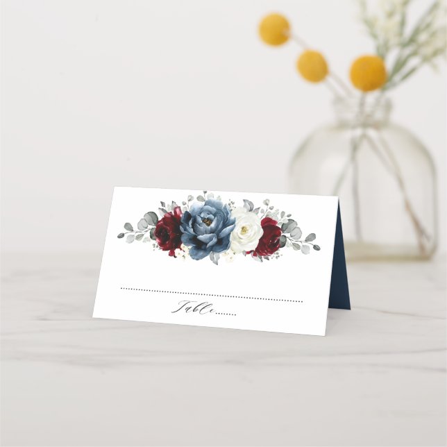 Slate Blue Burgundy White Ivory Floral Wedding  Place Card (Front)