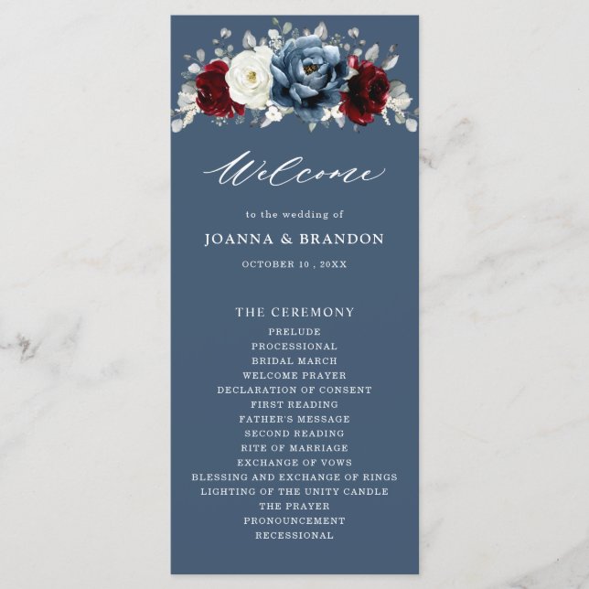 Slate Blue Burgundy White Ivory Floral Wedding  Pr Programme (Front)