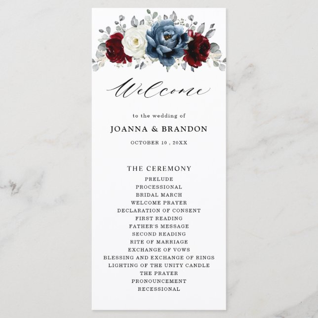 Slate Blue Burgundy White Ivory Floral Wedding  Programme (Front)