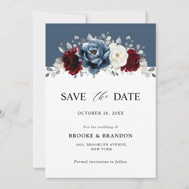 Slate Blue Burgundy White Ivory Floral Wedding  Sa Save The Date (Front)
