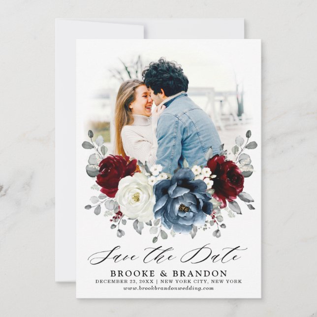 Slate Blue Burgundy White Ivory Floral Wedding  Save The Date (Front)