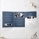 Slate Blue Burgundy White Ivory Floral Wedding  Tr Tri-Fold Announcement<br><div class="desc">Slate,  Burgundy,  White ivory themed floral wedding Invitation featuring elegant bouquet of burgundy,  slate,  dusty blue,  ivory roses and peony flowers and dusty green eucalyptus leaves. Please contact me for any help in customisation or if you need any other product</div>