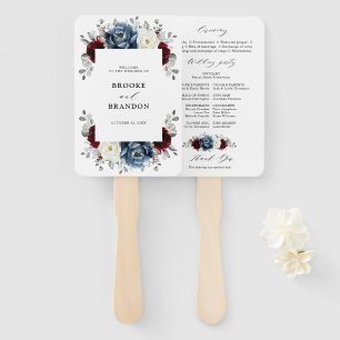 Slate Blue Burgundy White Ivory Wedding Program    Hand Fan