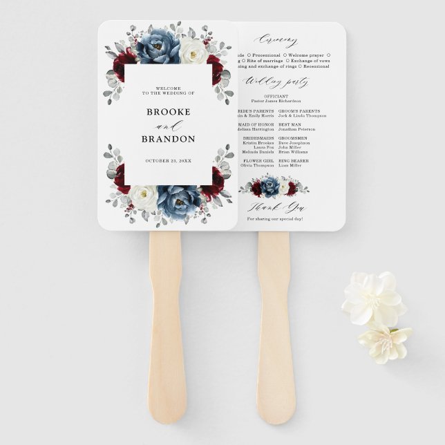 Slate Blue Burgundy White Ivory Wedding Program    Hand Fan (Front and Back)