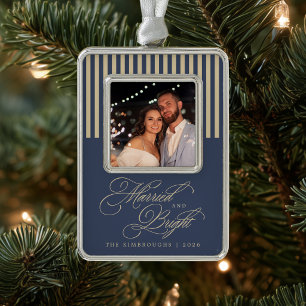 Slate Blue Champagne Newlywed Photo Silver Plated Framed Ornament