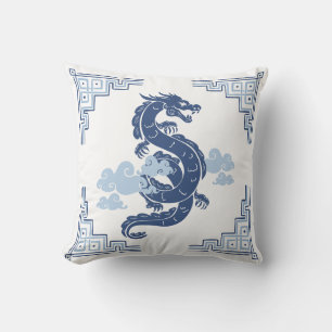 Slate Blue Chinoiserie Dragon and Clouds Cushion