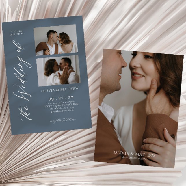 Slate Blue Classy Script Photo Collage Wedding Invitation (Creator Uploaded)