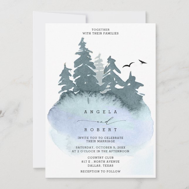Slate Blue Coniferous Forest Nature Wedding Invitation (Front)