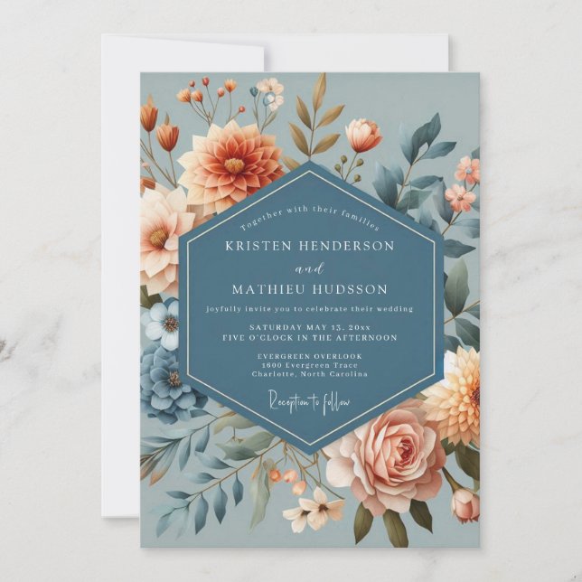 Slate Blue Coral Bloom Wedding Invitation (Front)
