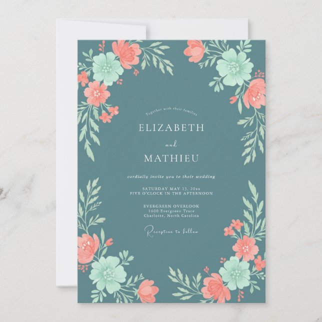 Slate Blue Coral Floral Wedding Invitation (Front)