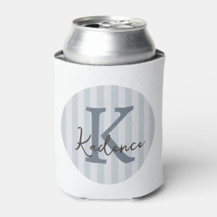 Slate Blue Custom Striped Circle Monogram Can Cooler