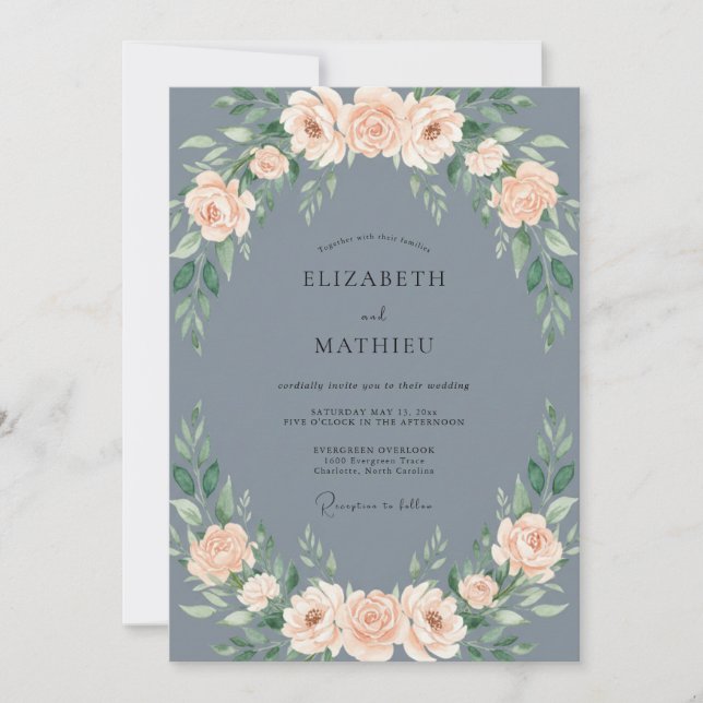 Slate Blue Delicate Floral Wedding Invitation (Front)