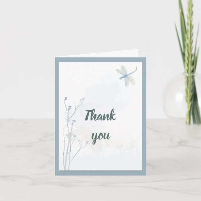 Slate Blue Dragonfly Simple Greenery Thank You Invitation (Front)
