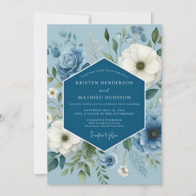 Slate Blue Dreamy Anemone Wedding Invitation (Front)