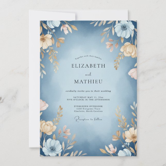Slate Blue Dreamy Botanical Wedding Invitation (Front)
