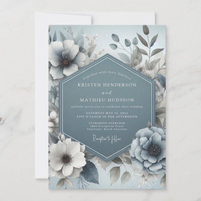 Slate Blue Dreamy Floral Wedding Invitation (Front)