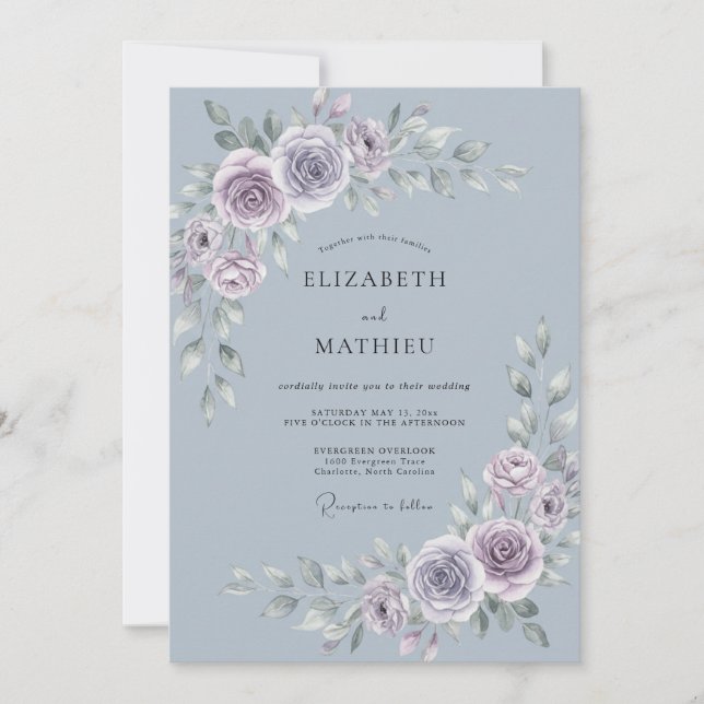 Slate Blue Elegant Floral Wedding Invitation (Front)
