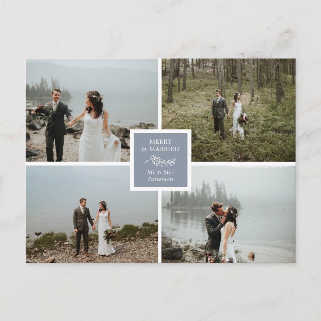 Slate Blue Elegant Photo Collage Merry & Married Postcard (Front)