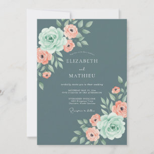 Slate Blue Elegant Rose Wedding Invitation