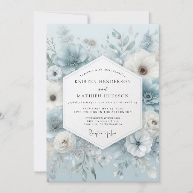 Slate Blue Ethereal Anemone Wedding Invitation (Front)