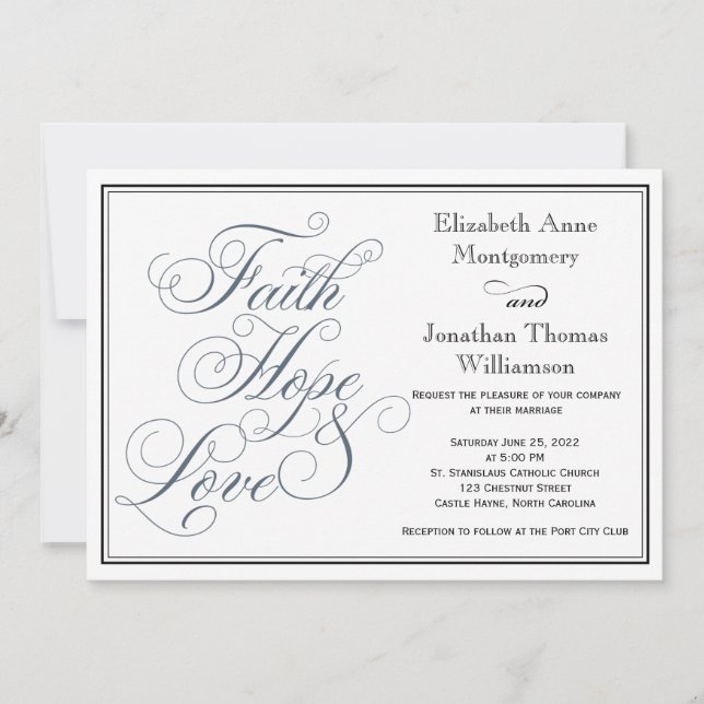 Slate Blue Faith Hope & Love Wedding Invitation (Front)