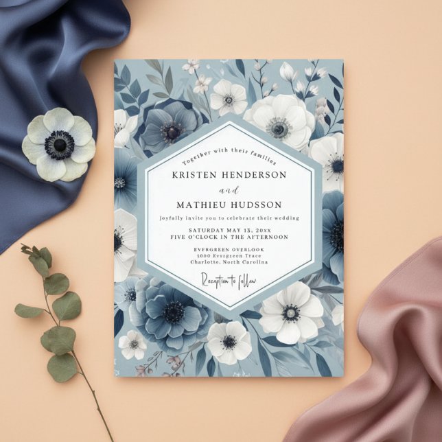 Slate Blue Floral Artistry Wedding Invitation (Creator Uploaded)