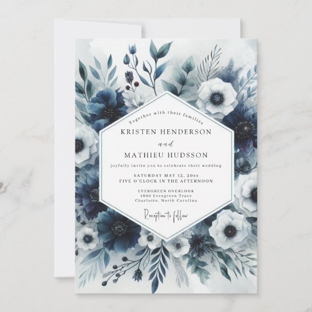 Slate Blue Floral Bloom Wedding Invitation (Front)