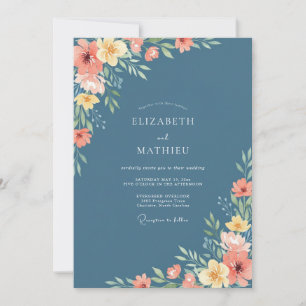 Slate Blue Floral Charm Wedding Invitation