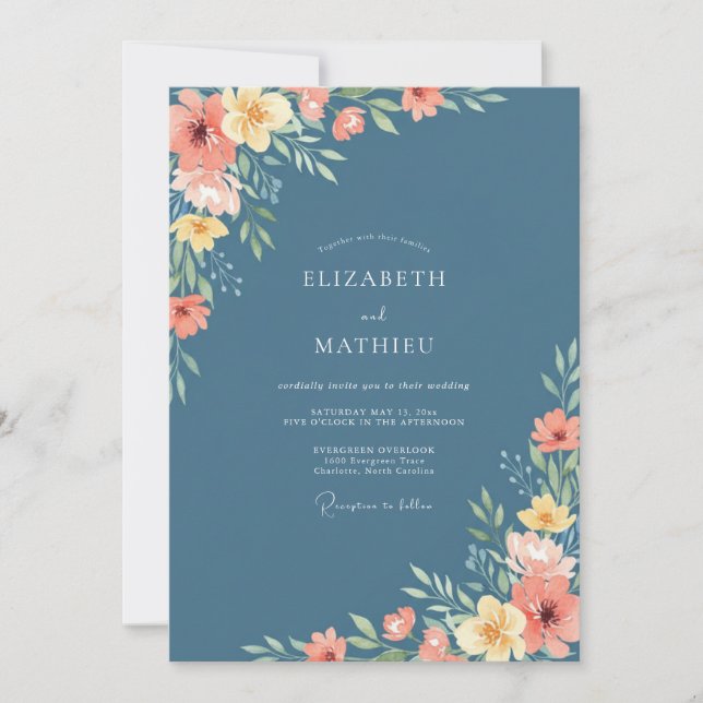 Slate Blue Floral Charm Wedding Invitation (Front)