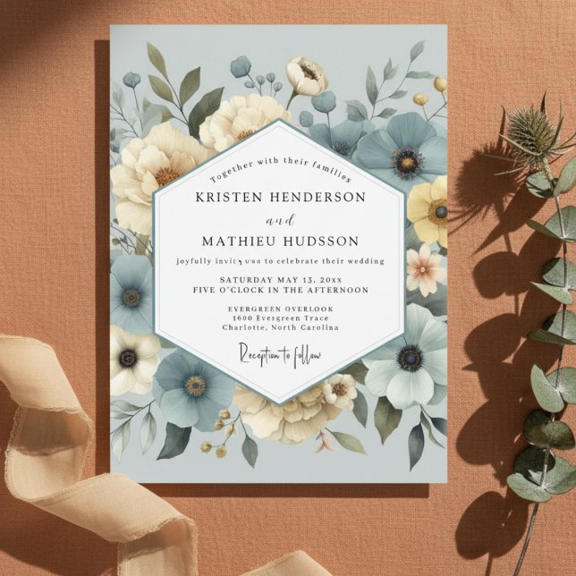 Slate Blue Floral Dream Wedding Invitation (Creator Uploaded)
