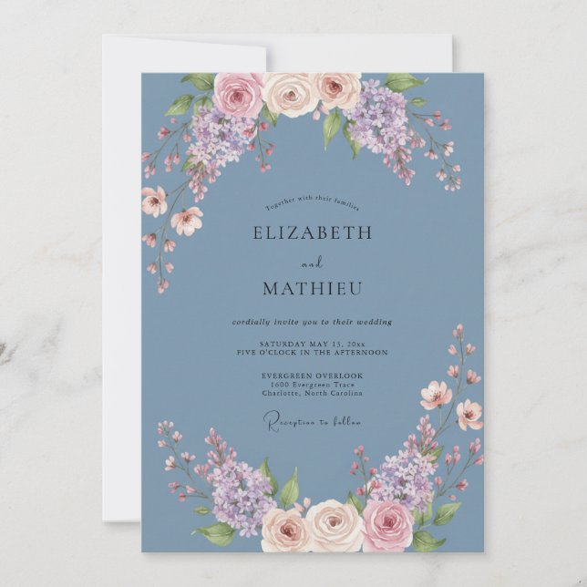 Slate Blue Floral Embrace Wedding Invitation (Front)