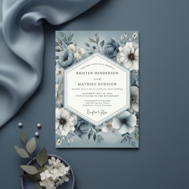Slate Blue Floral Enchantment Wedding Invitation (Creator Uploaded)