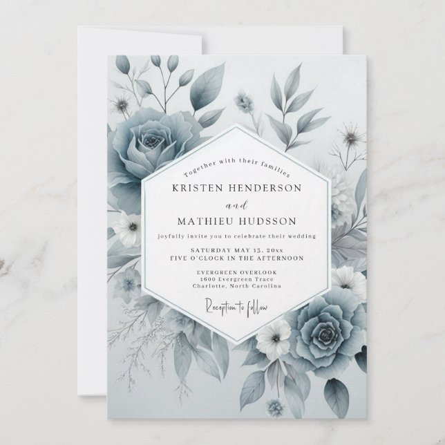 Slate Blue Floral Ethereal Wedding Invitation (Front)